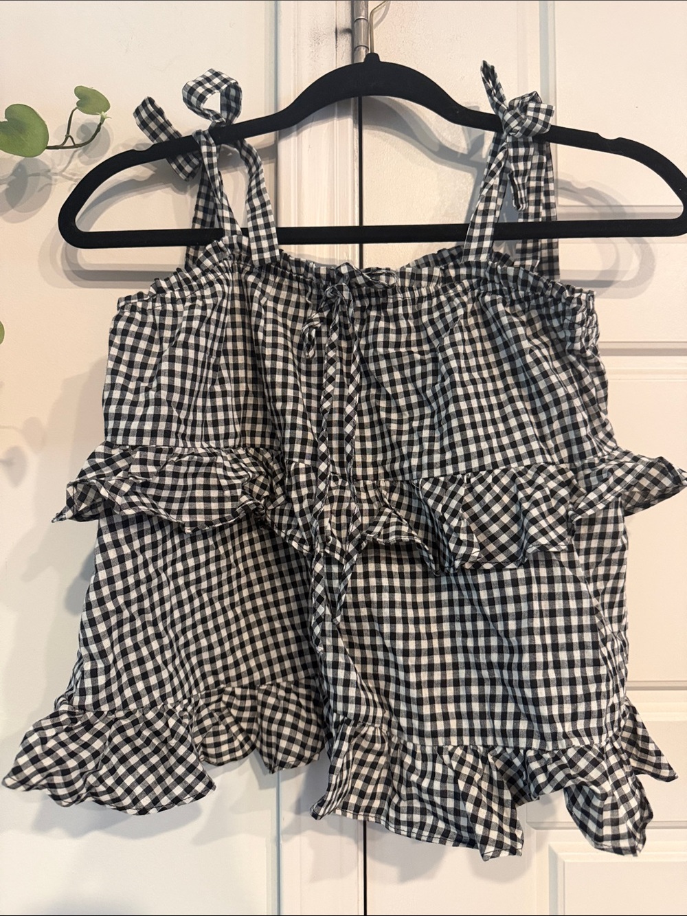 Pink Lily Black and White Gingham Ruffle Tank Top